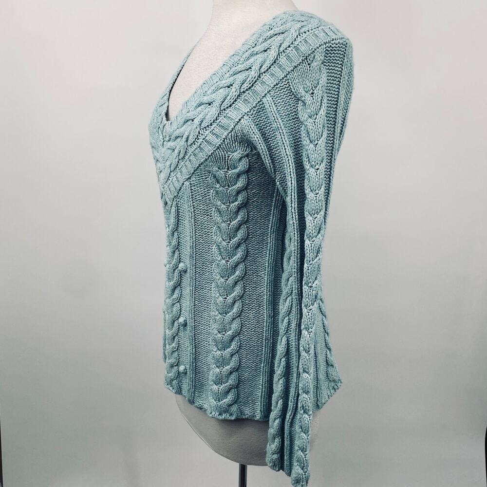Vintage Y2k Old Navy Cotton Lambswool Sweater V Neck Pom Pom Cable Knit Blue M - Picture 4 of 8